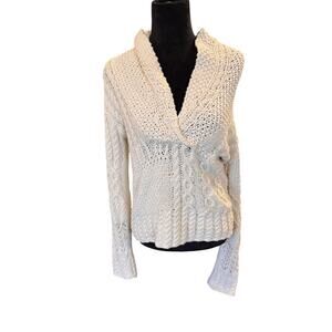 Rebecca Elliot Chunky Cable Knit Shawl Collar Sweater With Long Sleeves In Cream